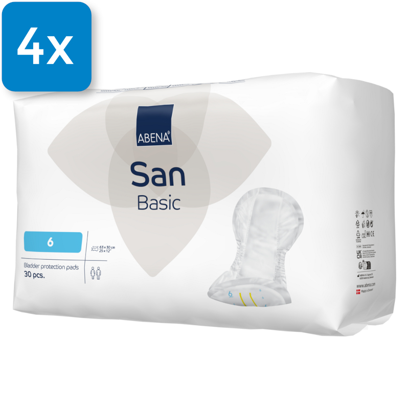 Vorderseite der Verpackung der Abena San Basic 6. Oben Links befindet sich ein blaues Viereck mit der Aufschrift "4x", welches signalisiert, dass vier Packungen in einem Karton enthalten sind.